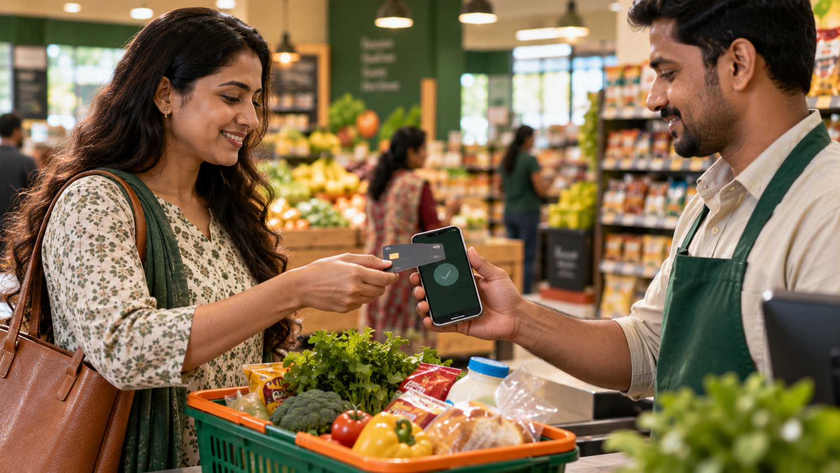 Grocery store checkout using traditional card payment terminal hardware